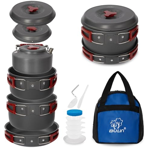 Bulin 13-teiliges Camping Kochgeschirr 4 Personen Mess Kit Outdoor Wandern Rucksackreisen Gear Kochen Ausrüstung Leicht Faltbar Langlebig Alu Cook Set mit Topf Pfanne Wasserkocher Tragetasche