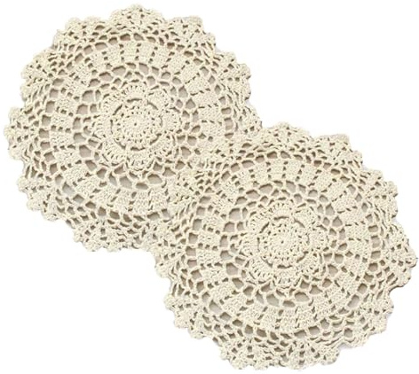2 Stück Handgefertigte Tischsets, Rund Gehäkelt Spitzendeckchen, Baumwolle Gewebte Platzsets, rutschfest Hitzebeständige Platzdeckchen für Küche, Esszimmer und Party Tisch Dekoration (Beige: 20 cm)