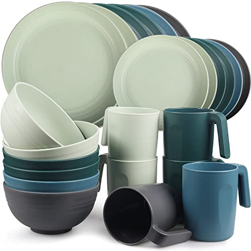 Greentainer Geschirrsets aus Kunststoff (24pcs) | Leichtes und Unzerbrechliches Komplett-Set,Tellerset, Schüsseln,Tassen,Tafel-Service für 6 Person, ideal für Kinder & Erwachsene Wiederverwendbar