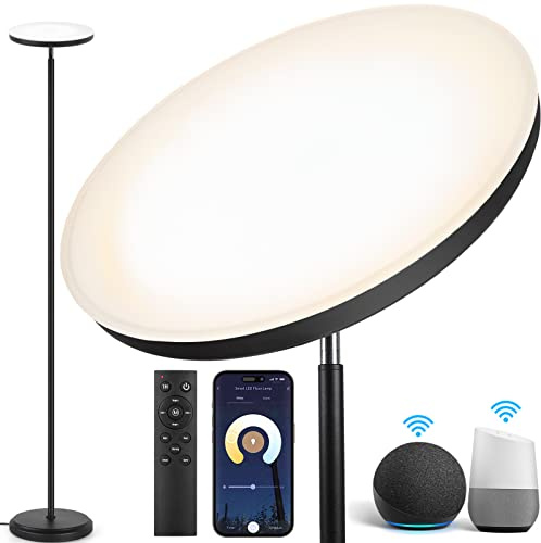 OUTON Smart LED Stehlampe 30W 3000LM, Dimmbar, Deckenfluter, Schwarz | App- und Sprachsteuerung mit Alexa und Google Assistant, Fernbedienung, Timer, Memory Funktion