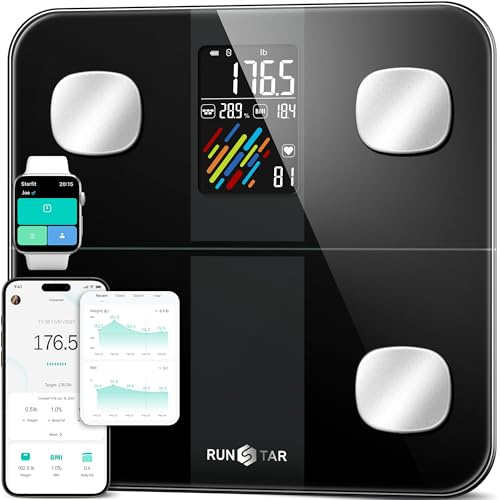 RunSTAR Körperfettwaage mit hohe Genauigkeit, Personenwaage digital mit großem Display, Waage Personen für 15 Körperzusammensetzungsmetriken, mit App-Synchronisierung, 180 kg/400 lb, Schwarz