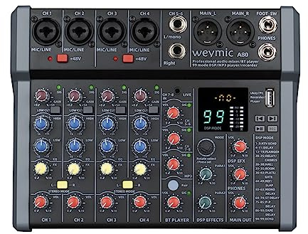 Weymic A-Series Profi Mixer für DJ-Bühne und Karaoke mit 99 DSP-Effekten, USB-Laufwerk, XLR-Mikrofonanschluss und 48 V Leistung