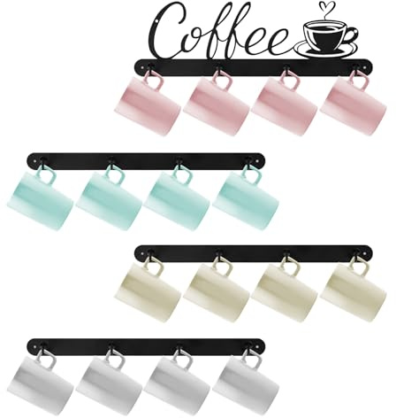 QUMENEY 4 Stück Kaffeebecher Halter Wand montiert Metall Kaffeebecher Aufhänger Organizer Storage Display Rack mit 16 Haken Kaffee Zeichen Dekor für Küche Kaffee Bar Station Zubehör Büro