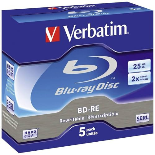 Verbatim BD-RE Single Layer Blu-ray Rohlinge 25 GB Blu-ray-Disc mit 2-facher Schreibgeschwindigkeit mit Kratzschutz 5er-Pack Jewel Case Blu-ray-Disks für Video- und Audiodateien 43615