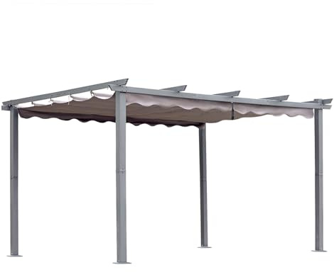 Garten Pergola 3 x 4 m Pavillon Gartenpavillon aus Aluminium in anthrazit,Dachrohre aus Stahl,Verstellbares Dach aus Polyester UV Beschattung Grau