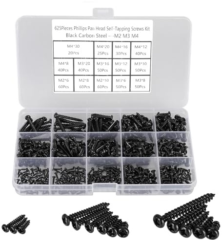 M2 M3 M4 Blechschrauben Set, 625 Stück Kleine Holzschrauben Schwarz, Rundkopf Selbstschneidende Schrauben, Linsenkopf Selbstbohrschrauben Kreuzschlitzschrauben für Kunststoff Holz Reparatur.