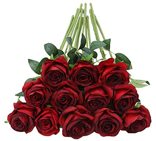 Tifuly 12 Stück künstliche Rosen, künstliche Seidenblumen mit einfachem Stiel, 40,6 cm, realistische Blume für Party, Garten, Familie, Hotel, Hochzeitsdekoration, Blumendekor (Burgund)