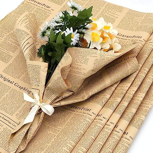 20 Blatt Kraftpapier Geschenkpapier Geburtstag Kraft Braun Vintage Zeitung Geschenk Blumen DIY Verpackungspapier für Kunst Handwerk Geburtstag Urlaub Hochzeit Geschenk Blumendekor