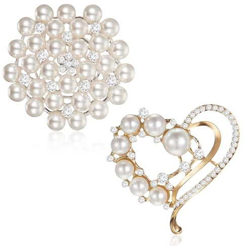 Aikeis 2 Stück Damen Herz Brosche Clip Mit Imitation Kristall Perle Blume Und Strass - Brautclip (Weiß), XL, Kupfer, Ohne Stein
