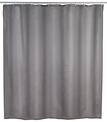 WENKO Anti-Schimmel Duschvorhang Grau, Textil-Vorhang mit Antischimmel Effekt fürs Badezimmer, waschbar, wasserabweisend, mit Ringen zur Befestigung an der Duschstange, 180 x 200 cm