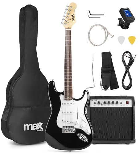 MAX GigKit E Gitarre Set, Guitar, Gurt, mit Verstärker 40 Watt, Schwarz | Gitarrenverstärker, Stimmgerät, Instrumentenkabel, Ersatzsaiten, 4/4, Gitarren Zubehör, Gitarrentasche, Plektrum, Gitarrenset