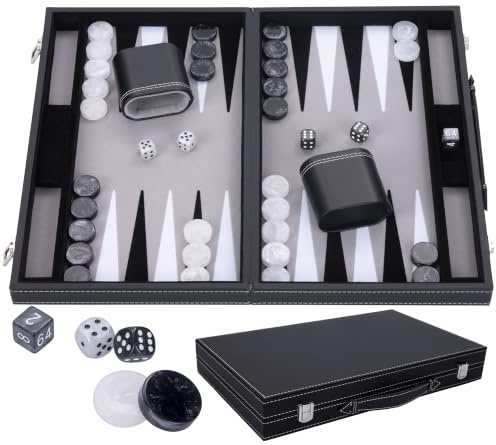 Engelhart - 250506 - Luxus Backgammon - Grau - 38 cm - 15 Zoll - Kunstleder - Filzeinlage - Perlmutt-Würfel und Spielsteine + 2 Becher - Strategie - Backgammon-Spiel