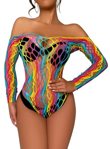 Mingnos Sexy Body Glitter Damen Mesh Bodysuit Netzbody Rave Festival Glitzer Outfit Regenbogen Top Durchsichtig Dessous