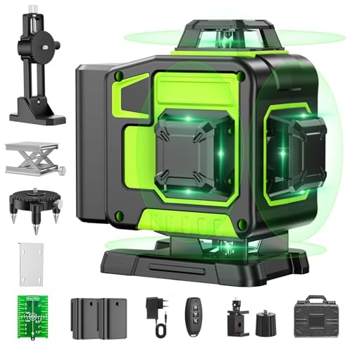 Kreuzlinienlaser Grün 16 Linien Nivellierlaser, 4 x 360 ° Laser wasserwaage, linienlaser kreuzlaser selbstnivellierend für Innenbereich Baustelle, 2 x Batterie Vermessungskabine