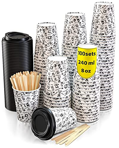 CupCup 100 Pappbecher 240ml mit Deckel und Holz Rührstäbchen - Kaffeebecher to Go Zum Servieren von Kaffee, Tee, heißen und kalten Getränken