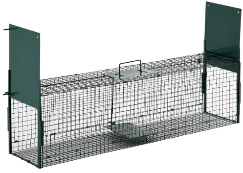 PawHut Tierfalle Marderfalle Fangfalle für Kaninchen Katzenfalle Ratte 2 Eingänge Griff Metall Dunkelgrün 100L x 25B x 28H cm