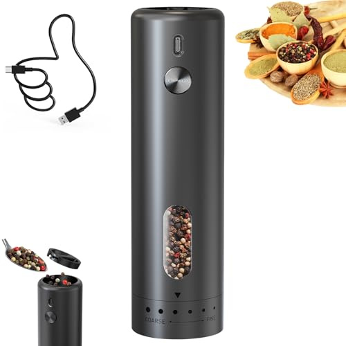 Salz und Pfeffermühle Elektrisch, Gewürzmühlen elektrisch mit USB-C Ladung - 110ml, Mahlen Einstellbare Grobheit mit LED-Licht, salzstreuer elektrisch für BBQ Restaurant Küchen-Essential, Schwarz