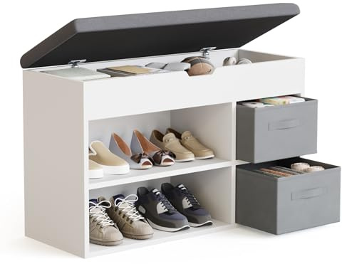 Mondeer Schuhbank mit Sitzfläche, Sitzbank mit Stauraum 2 Stoffschubladen, für Flur Eingang Wohnzimmer, 80 x 48 x 30 cm, Weiß
