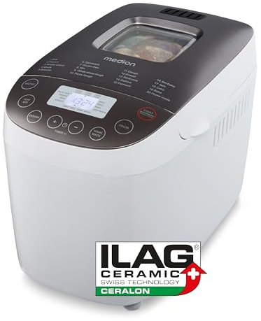 MEDION Brotbackautomat (Brotbackmaschine, 950 Watt, bis zu 1600g, 20 Backprogramme, 3 Bräunungsgrade, Warmhaltefunktion, Sichtfenster, Zeitvorwahl, MD 12040)