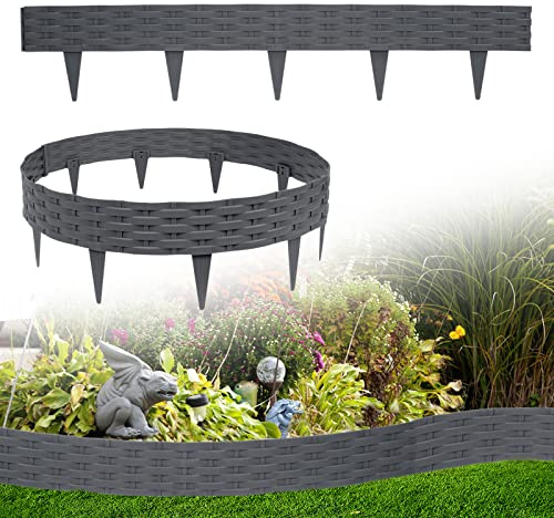 VA-Cerulean Kunststoff Rasenkante, 10M Rattan-Optik Beeteinfassung, Beetumrandung Palisade, Gartenpalisade, Beetzaun, Randsteine, Fencepanel, Anthrazit, 1 Element (L x H): 100 x 20cm, 10 Stück