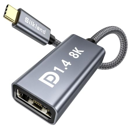 Silkland USB C auf DisplayPort 1.4 Adapter, [8K@60Hz, 4K@144Hz/120Hz, 2K@240Hz, 32,4Gbps] Thunderbolt 4/3 auf DisplayPort Adapter für iPhone 17 16 15, MacBook Pro/Air, iPad Pro/Air, Galaxy S8-S25