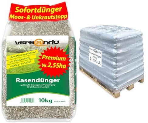 versando 510kg bis 25.500m² Rasendünger Sommer: verdrängt Moos und Unkraut für gesunden sattgrünen Rasen Frühjahrsdünger mit Sofortwirkung, 1/2 Palette 51x10kg - Premium Qualität