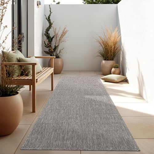 Paco Home Outdoor Teppich, Wetterfest Pflegeleicht Küchenteppich Ideal für Terrasse Balkon Garten, Flachgewebe Sisaloptik Modern Einfarbig meliert, Grösse:80x250 cm, Farbe:Grau