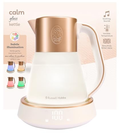 Russell Hobbs Wasserkocher Glas [1,7L, Temperatureinstellung 40-100°] Calm (LED-Beleuchtung, beruhigende Klänge, Leise-Koch-Technologie,Warmhaltefunktion,Digitaldisplay,Touch-Bedienung,2400W) 27450-70