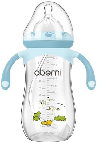 Oberni Babyflasche 330 ml, 11oz, beschwerter Strohhalm, Kleinkind-Milchflasche mit variablem Sauger (Größe +), ab 12 Monaten, Blau/1 Stück