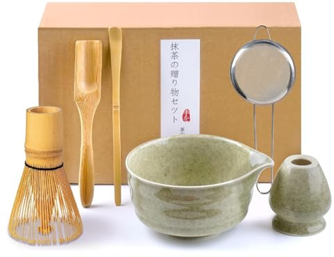 VIBINHO Matcha Set, 6 Stück Matcha Tee Set mit Matcha Besen, Edelstahlsieb, Matcha Schale, 2 Matcha Löffel, Besenhalter aus Keramik, Geschenk für Matcha-Liebhaber, Grün