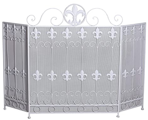 Kaminschirm Shabby CHIC Maison ca. 86 × 116 cm Weiß Funkenschutz Gitter Vintage Eisen Kamin Funkengitter dreiflügelig Landhausstil Dekoration Altweiß Kaminabdeckung Antik Look Kaminschutzgitter Retro