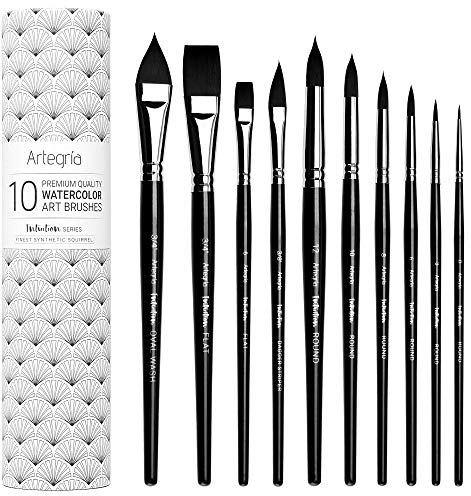 ARTEGRIA Aquarellpinsel-Set, 10 Pinsel aus Synthetik-Eichhörnchenhaar | Profi-Qualität, Rundpinsel mit Spitze, Flachpinsel, Dolchpinsel und Ovalpinsel (Katzenzunge)