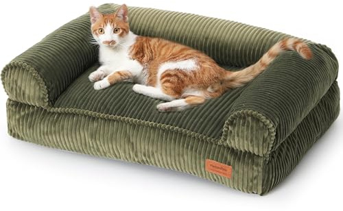 FUKUMARU Katzensofa Bett, Corduroy Gemütliches Katzenbett für drinnen mit abnehmbarem waschbarem Bezug, Stützendes Anti-Rutsch Hundebett Sofa für kleine Hunde, 72 x 52 x 22 cm, Mittel, Grün