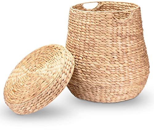 Decorasian Wäschekorb geflochten mit Deckel - groß und rund – großer Korb aus Wasserhyazinthe mit Henkel – Wäschesammler Rattan mit Griff - Aufbewahrung - 46cm