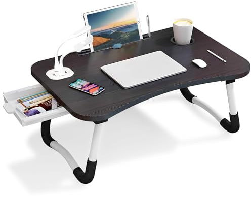 Warmiehomy Laptoptisch fürs Bett, Tragbarer Tablettisch mit klappbaren Beinen & Getränkehalter, Faltbarer Laptoptisch für Sofa, Multifunktionale Bettunterlage für Laptops, Arbeit im Bett