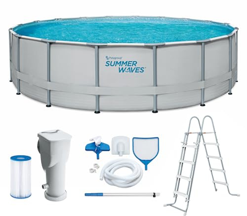 Summer Waves Frame Pool Rund 549x132 cm Grau Aufstellpool Kunststoff | Inklusive Filterpumpe, Bodenvlies, Abdeckplane, Reinigungsset und Einstiegsleiter, aus robustem PVC-Polyester-Mix gefertigt.