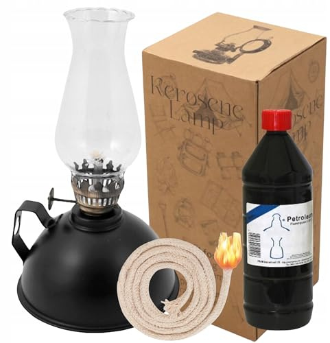HUW Set 3-in-1-Ölglas-Öllampe mit verstellbarer Flamme, Lampenöl, Ersatzdocht, Kerosinlampe, Retro, rustikal, Loft, Vintage-Dekoration, Garten, Terrasse, Heimdekoration, Laterne (LAN211SET)