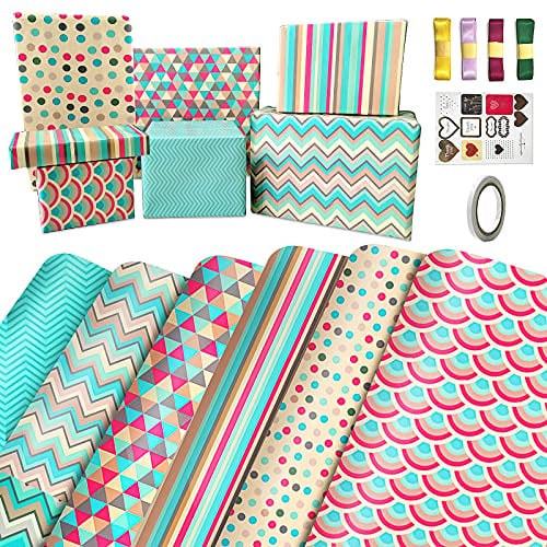 Geschenkpapier,Rot Grün Geschenkpapier Geburtstag Set,6 Blatt Geschenkpapiet Große mit Aufkleber,Schleifenband,Geschenk Papier für Frauen,Mädchen,Kinder,Baby,Geschenkverpackung Papier für Weihnachten