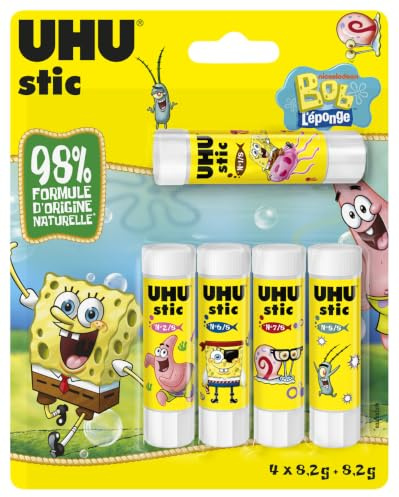 UHU Stic Klebesticks ohne Lösungsmittel, Schwammkopf Schwammkopf Edition, Kinderkleber, Kreativität, Büro, Haus, Schule, Weiß, Bürobedarf, 5 Stück à 8,2 g
