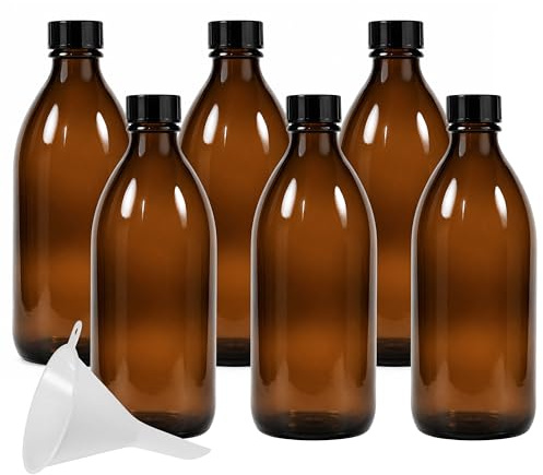 mikken 6 x braune Medizinflasche 200 ml, Apothekerflasche, Laborflasche - made in Germany & BPA-frei - inkl. Einfülltrichter