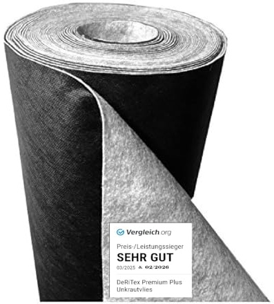 DeRiTex 180 g/m² - Unkrautvlies BZW. Unkrautschutzvlies „Premium Plus“ (L) 25 m x (B) 1,0 m = 25m²