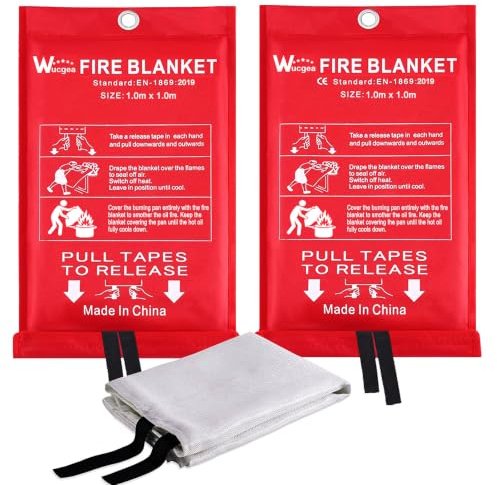 Löschdecke für küche - 2 Packung Feuerlöschdecke DIN EN 1869:2019 Sicherheit Glasfaser Brandschutzdecke für Fettbrände Auto Schule Kamin Grill Büro Garage Schweißen Lager 1,0m x 1,0m