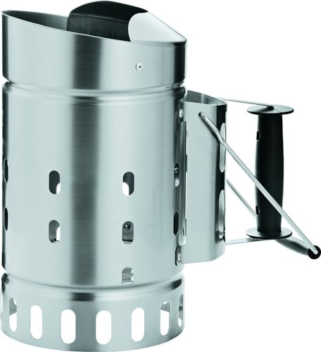 RÖSLE Anzündkamin, Hochwertiger Grillkohleanzünder aus Edelstahl, Funkenschutz, Griff mit Hitzeschutzblech, Haltebügel, Schwarz