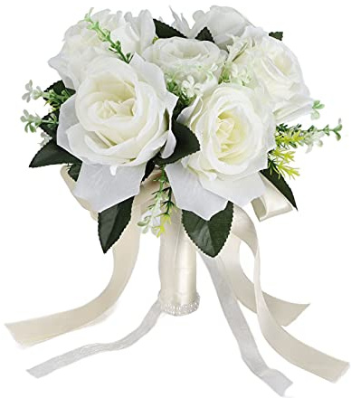 Fybida Blumenstrauß Künstlich für Hochzeit - Brautstrauß Seidenblumen, künstlicher Rosenstrauß, Gefälschte Brautrosen Rosen Bouquet für die Braut (Weiß)
