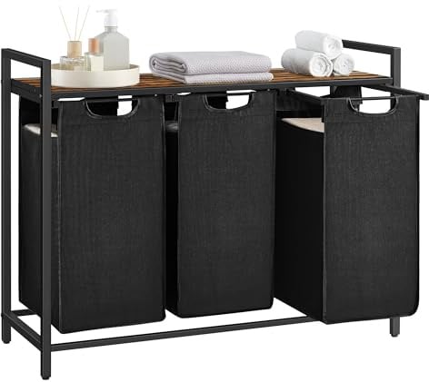 VASAGLE Wäschekorb 3 Fächer, Wäschesammler mit Ablage, Wäschebox, Wäschesack aus Oxford-Gewebe abnehmbar, Metallrahmen, 3 x 40 L, 92,5 x 33 x 72 cm, tintenschwarz-vintagebraun BLH301B01