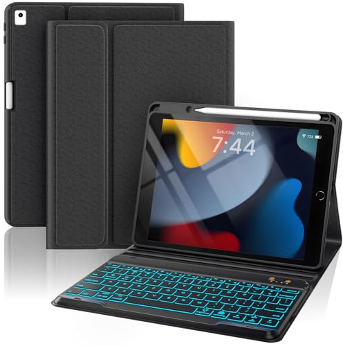 OYEEICE Hülle mit Tastatur für iPad 9/8/ 7 Generation 10,2 Zoll | Vergrößerte Anti-Falloff Tastenkappen Tastatur für iPad Air 3 Generation 10,5 (Schwarz, Klassischer Stil)