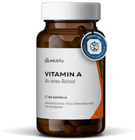 edubily® Vitamin A Retinol - Vitamin A Kapseln als Retinol für die tägliche Ergänzungsroutine - mit 2000 I.E. Retinylacetat pro Kapsel - Laborgeprüft - 1 Kapsel täglich (180 Kapseln, vegan)
