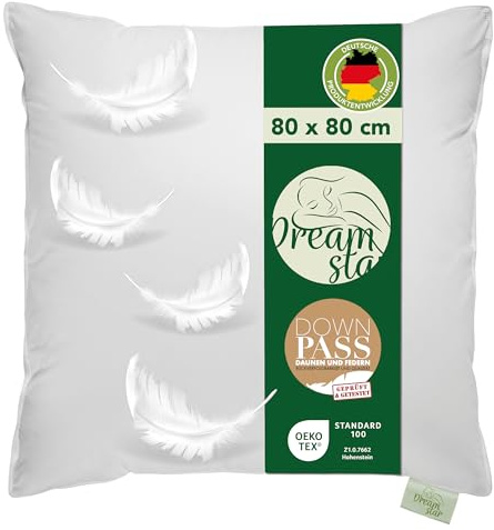 DREAMSTAR Daunenkissen 80 x 80 cm | 3-Kammer Daunenkopfkissen | Kopfkissen 80 x 80 Daunen & Federn | Kissen Öko-TEX® | Top Hotelqualität | Allergiker geeignet