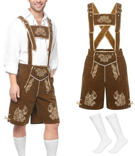 Harsever Oktoberfest Herren Outfit, Lederhose Herren Tracht Set Trachtenhemd Weiß mit Paulgos Lederhose Weiß Socke, 3 Teiliges Bayrische Tracht Komplett Set für Oktoberfest