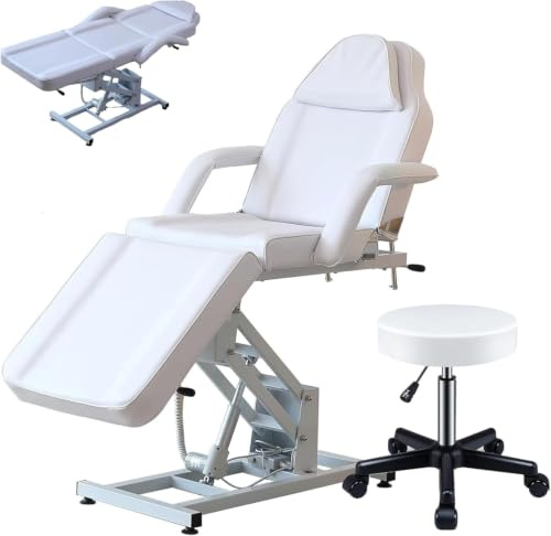 LSLIFE Verstellbare Kosmetikliege, Massageliege mit Armlehnen & Fußstütze (Weiß, Hydraulisch)